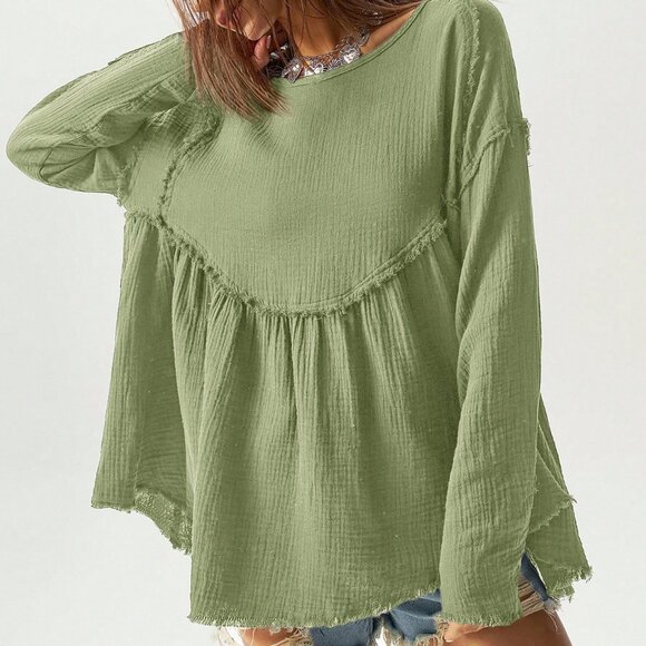 Green boho Women's Vacation Woven Loose Long Sleeve Shirt top - Picture 7 of 8